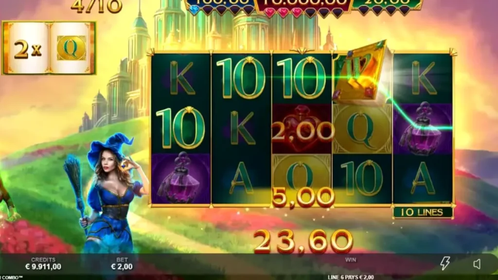 Tampilan visual slot Book of Oz Magic 5 Power Combo dengan latar belakang jalan bata kuning dan elemen sihir.