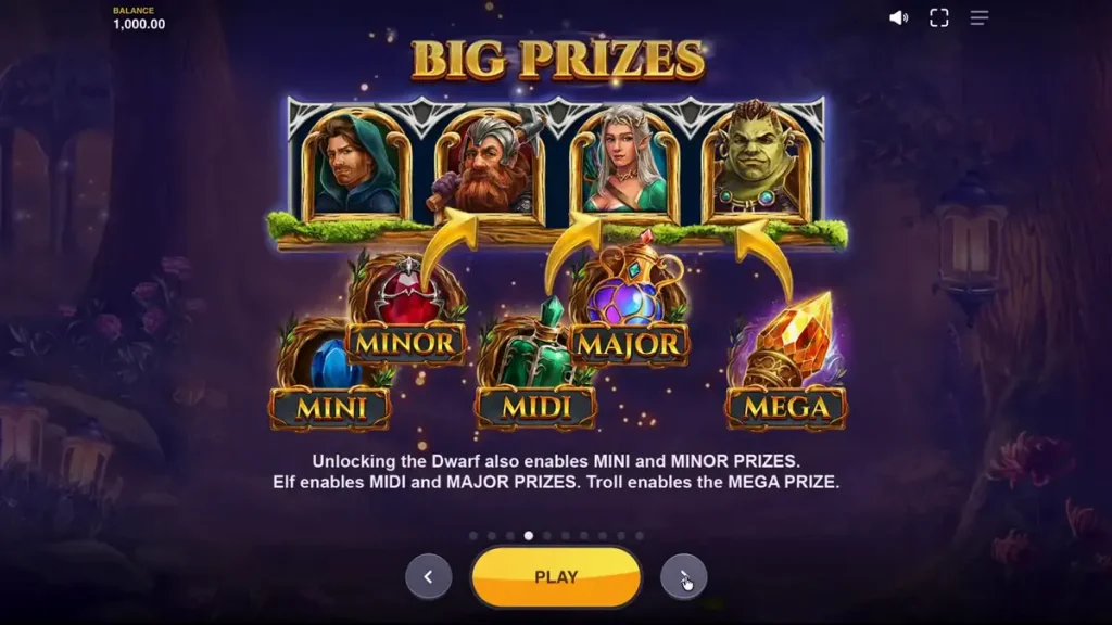 Pemandangan hutan fantasi mistis dalam slot Land of Riches
