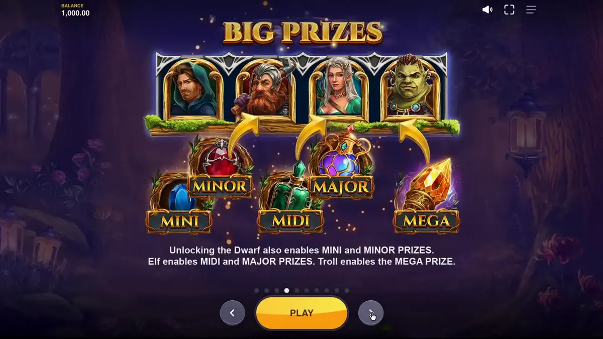 Pemandangan hutan fantasi mistis dalam slot Land of Riches