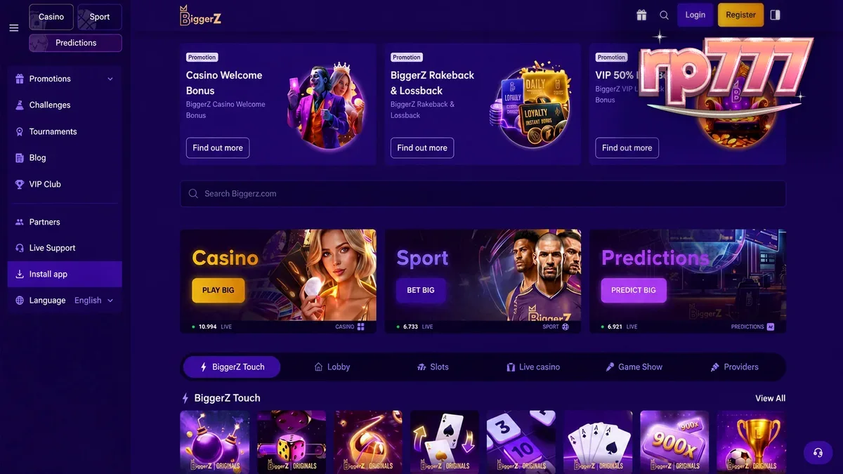 Antarmuka platform BiggerZ yang menampilkan berbagai pilihan permainan kasino dan taruhan olahraga